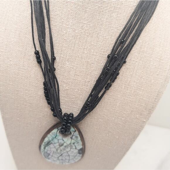 Boutique beaded multi-strand necklace with abalone & wood mosaic teardrop - Picture 6 of 8